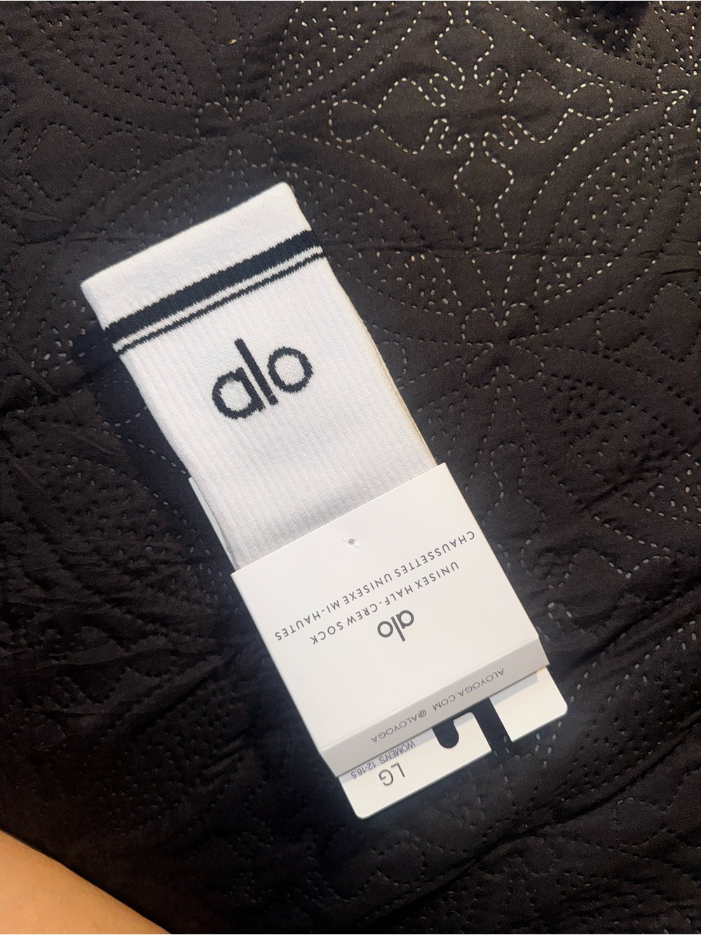 ALO Yoga White Crew Athletic Socks with Black Stripe & Logo
